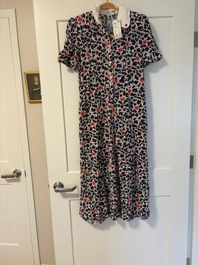 Cath Kidston White Collar maxi Dress with Navy Leaf and Red Heart Accents NWT